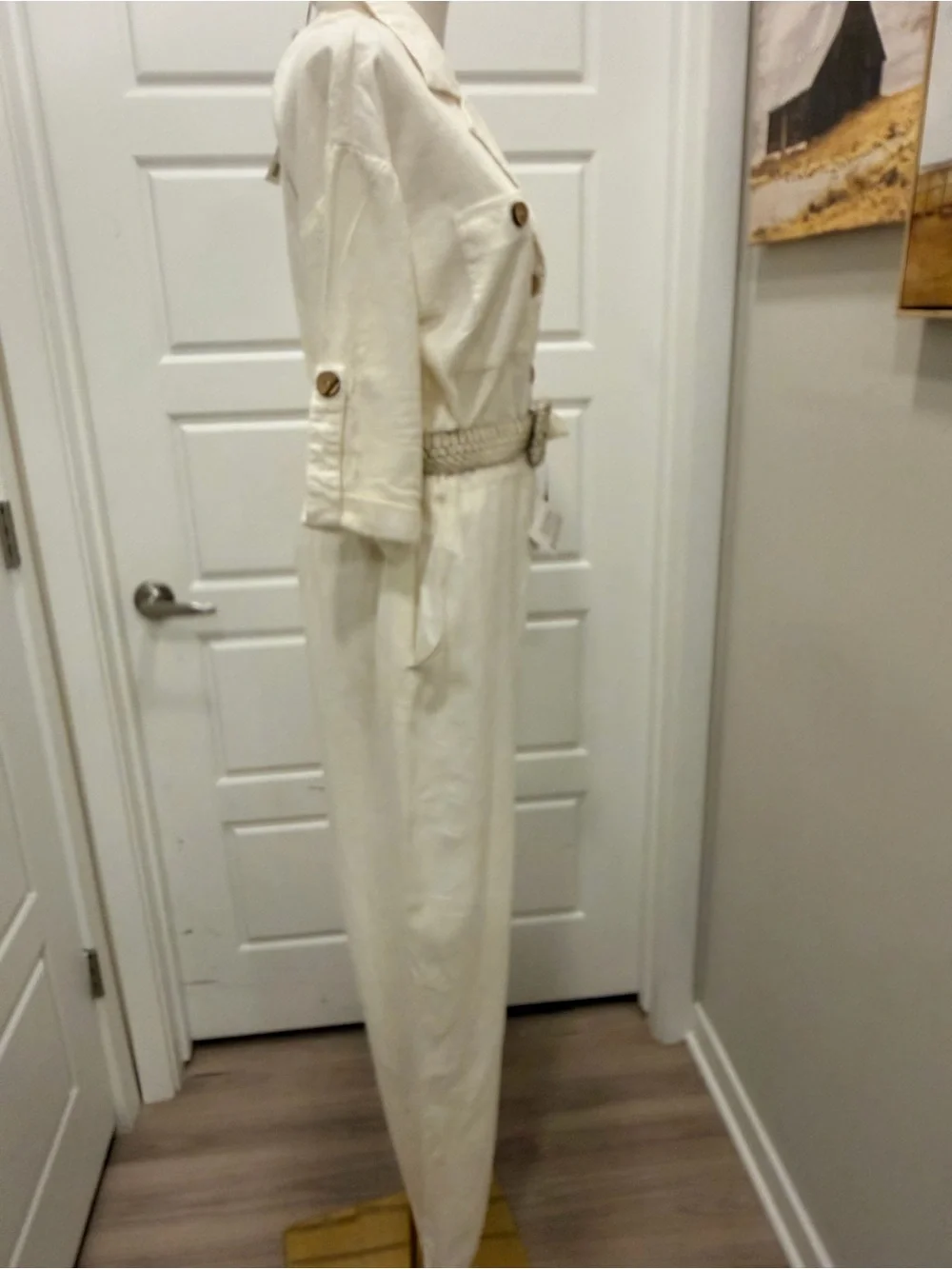 Zara Cream Linen- Blend Utility Jumpsuit with Statement Belt